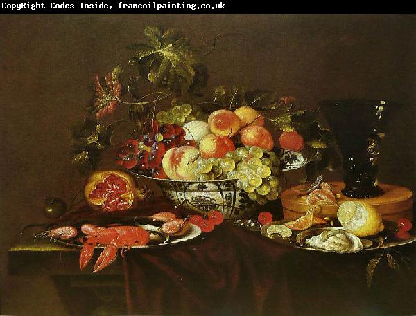 Joris van Son Crustaces, huitre et coupe de fruits avec un verre